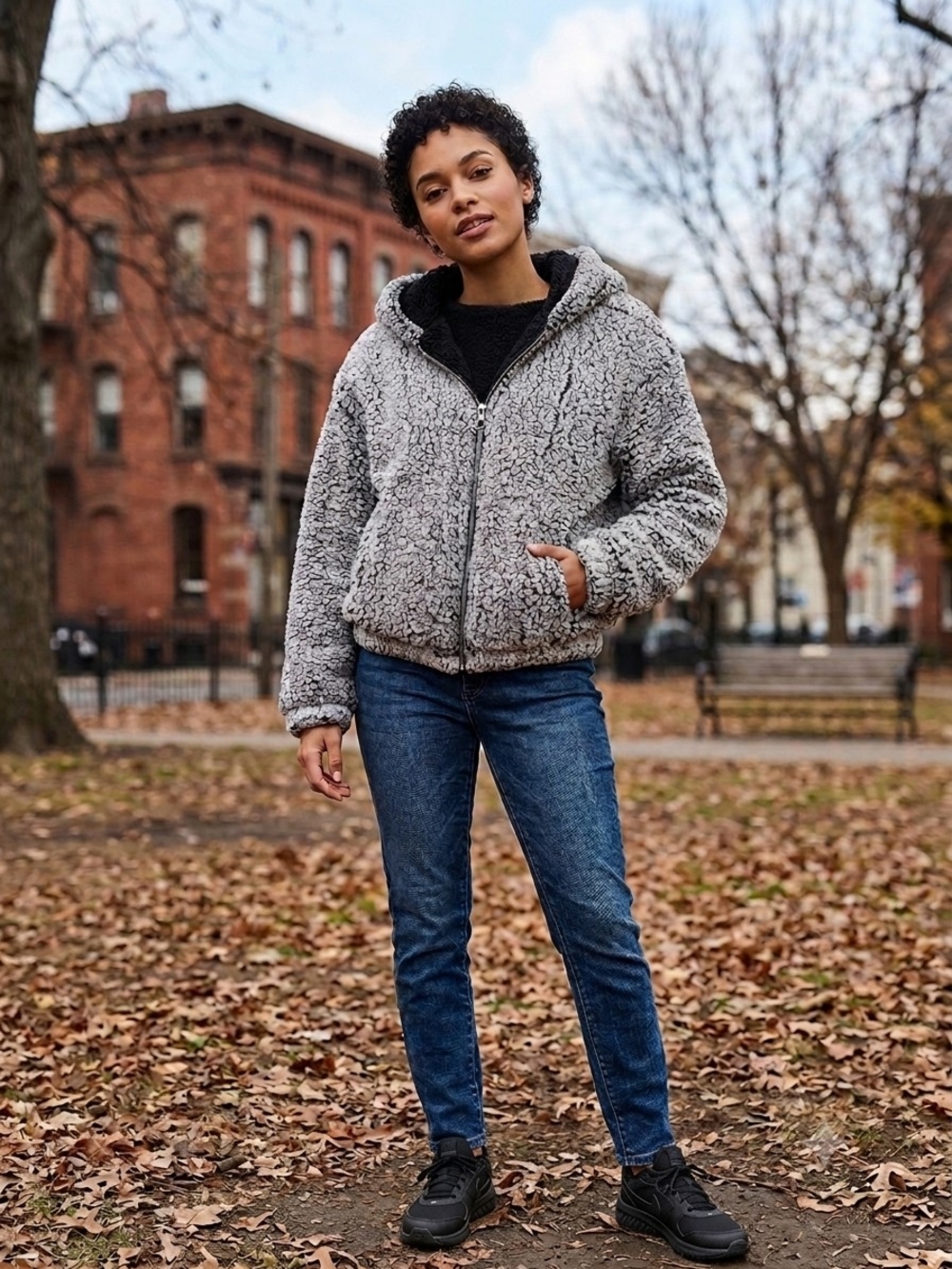 Rue21 Light Gray Sherpa Hooded Zip Jacket